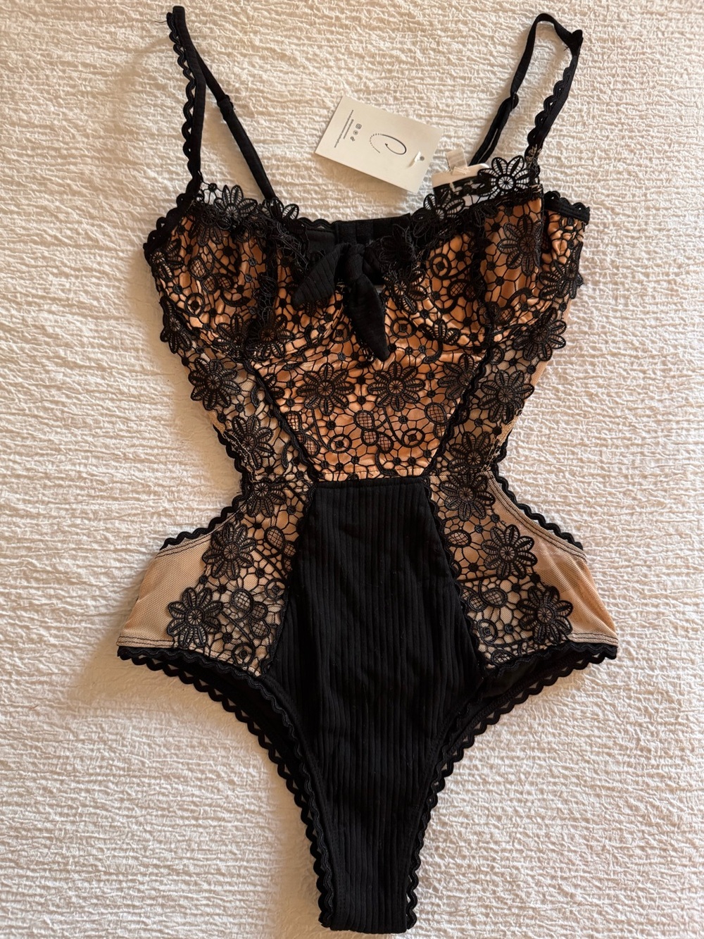 Black Floral Lace Bodysuit - Women Top Size Small